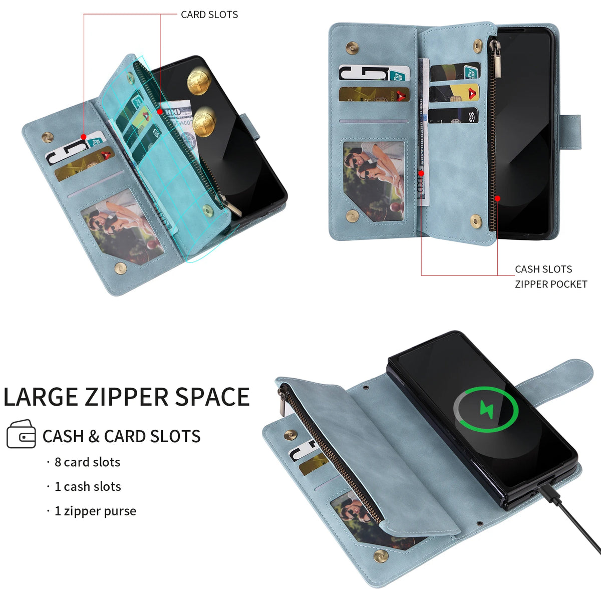 Premium Leather Business Phone Case For Samsung Galaxy Z Fold 8 Zipper Wallet Card Slots Magnetic Flip Cover For Fold 7 6 5 4 3