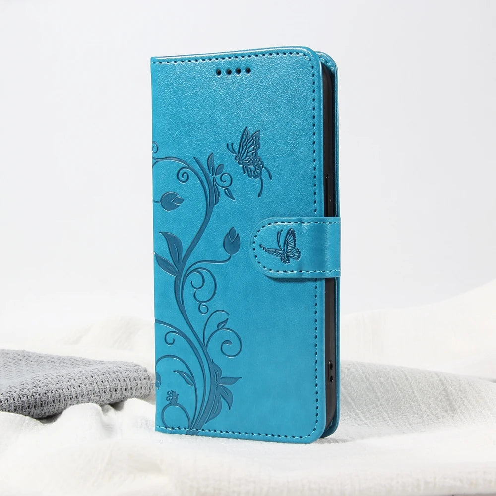 Butterfly Flower Leather Case For iPhone 17 Air 16 17e 16e 15 14 13 12 Mini 11 Pro Max Plus Flip Wallet Card Slot Book Cover
