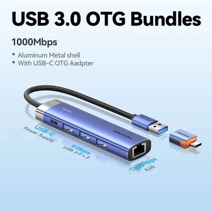 Vention USB 3.0 Ethernet Adapter HUB RJ45 1000Mbps Lan for MacBook Laptop Lenovo Windows PC  USB C HUB 3.0 Ethernet HUB Switch