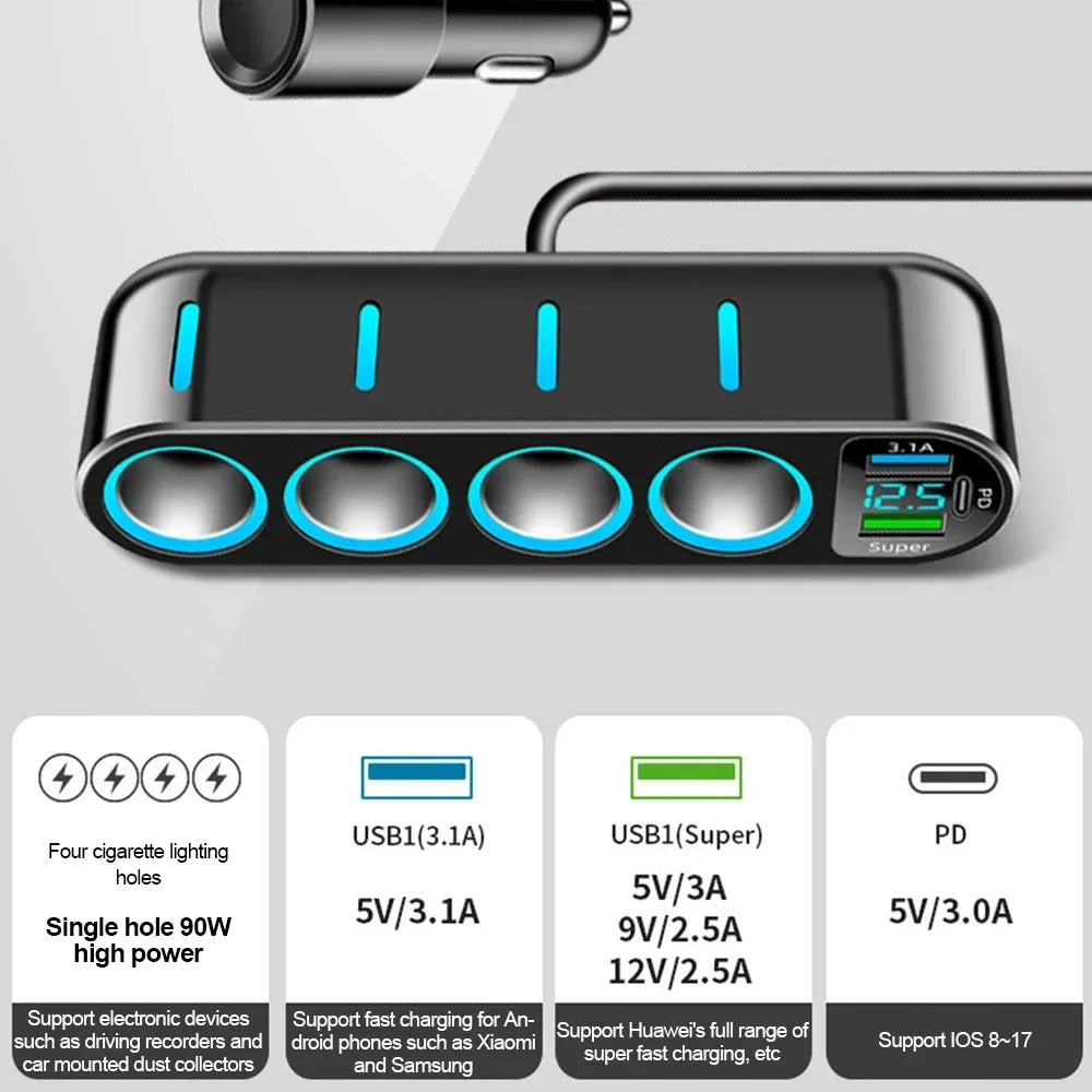 7 in 1 USB Type C Car Cigarette Lighter Splitter 4-Socket Fast Charger Power Adapter for Car DVR GPS Dashcam 12V 24V