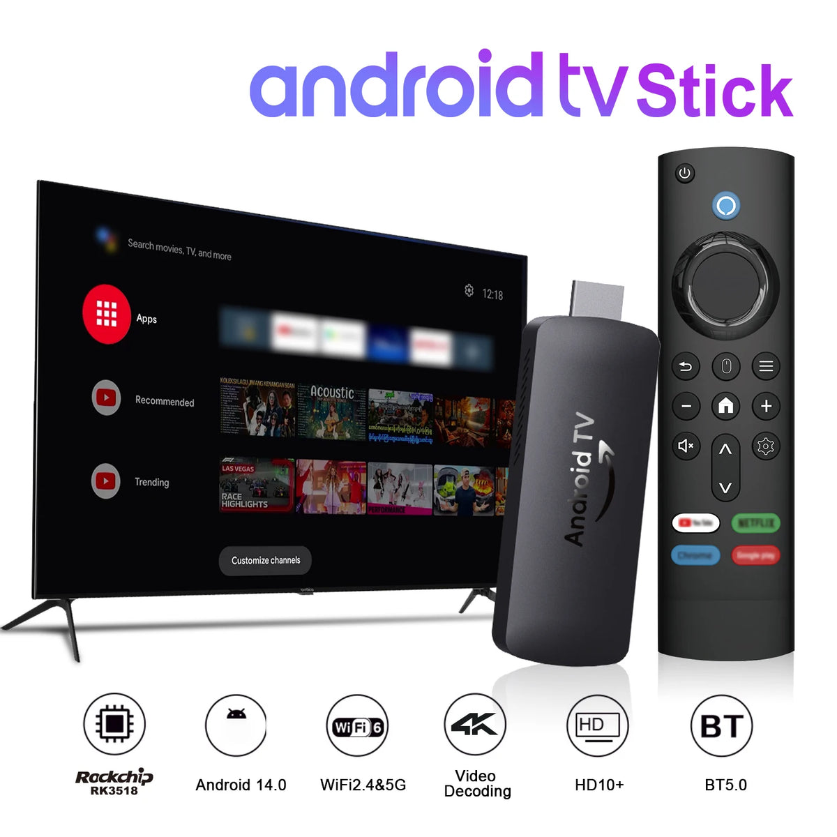 Velec Smart TV Stick I96 D6 Android 14 4K H.265 Decode Quad-Core Dual WiFi BT5.0 Supports Netflix & YouTube HDTV Android TV Box