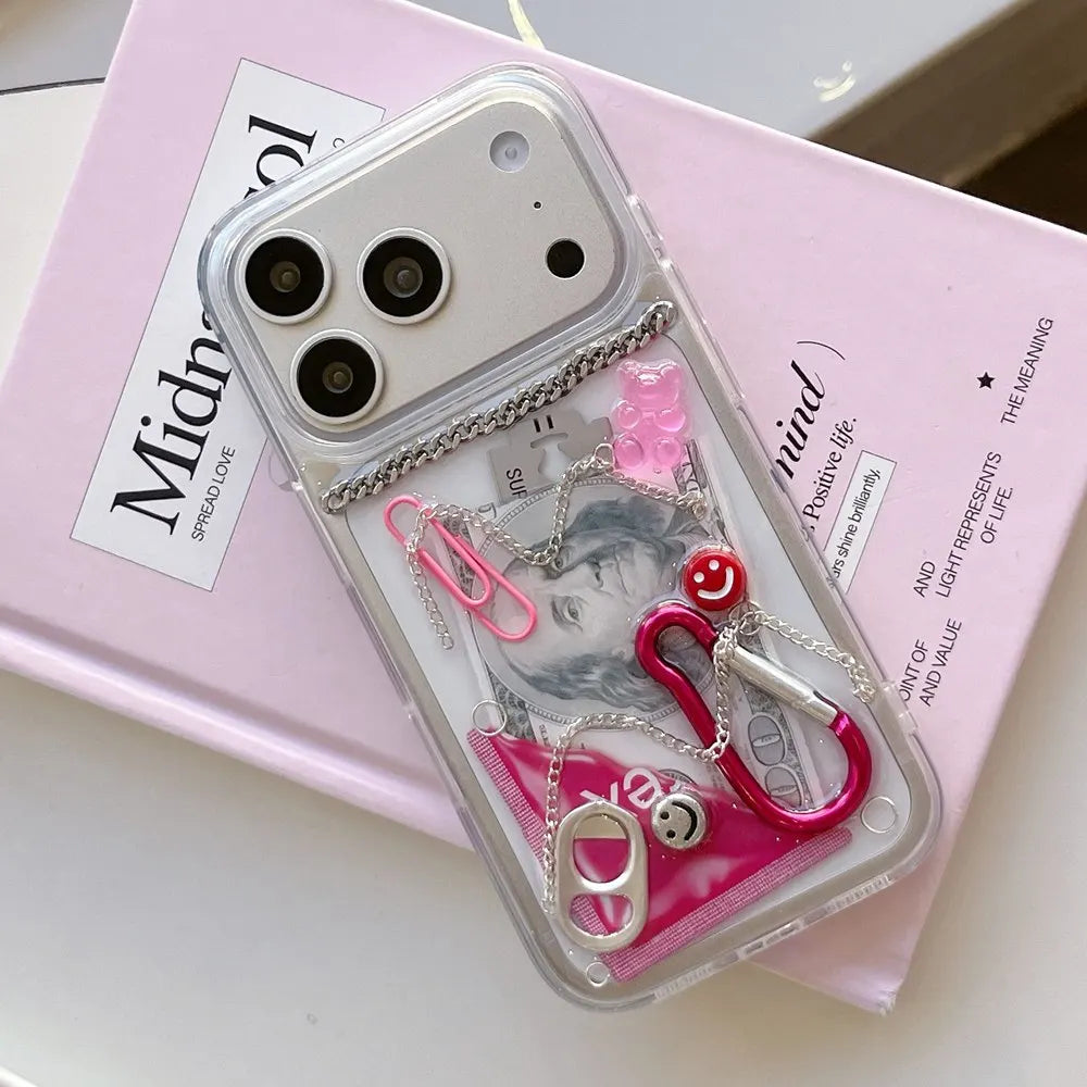 Creative 3D Chain Dollar Ring Hook Paper Clips Phone Case For iPhone 17 16 15 14 13 12 11 Pro Max Shockproof Cover Gifts