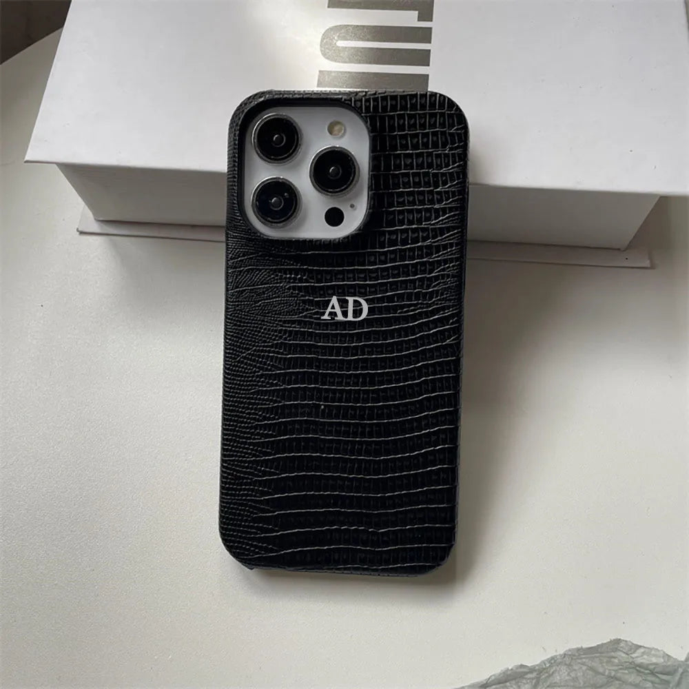 Personalise Gold Silver Initials Letters Leather Case For Iphone 15 12 14 13 16 17Pro Max 14 16 Plus Luxury Lizard PU Hard Cover