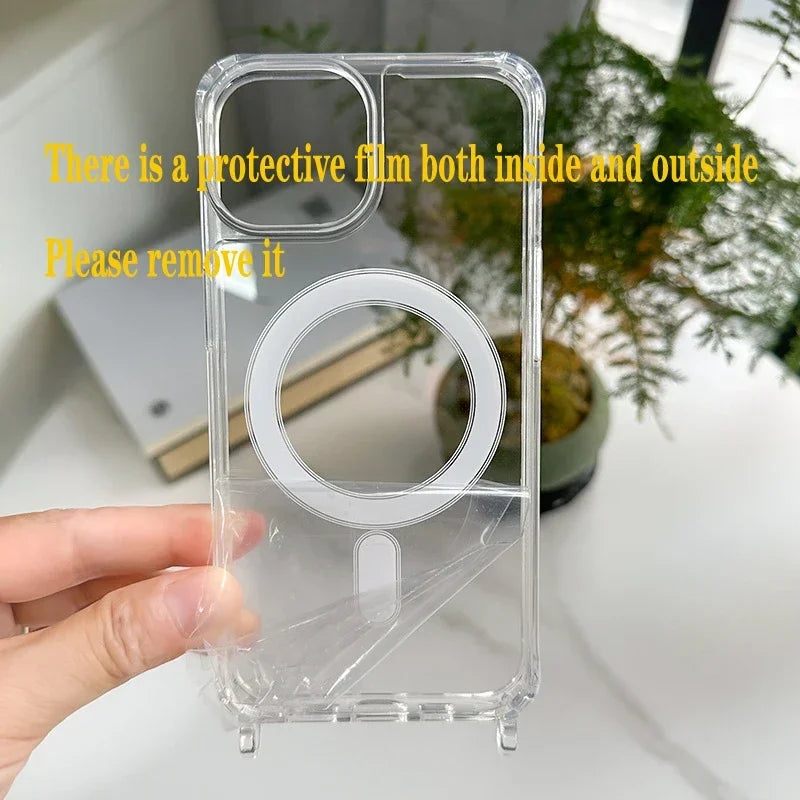 Crossbody Lanyard Clear Magnetic Case For iPhone 15 Pro 16 14 13 12 Pro Max For Magsafe Shockproof Acrylic Hard PC Back Cover