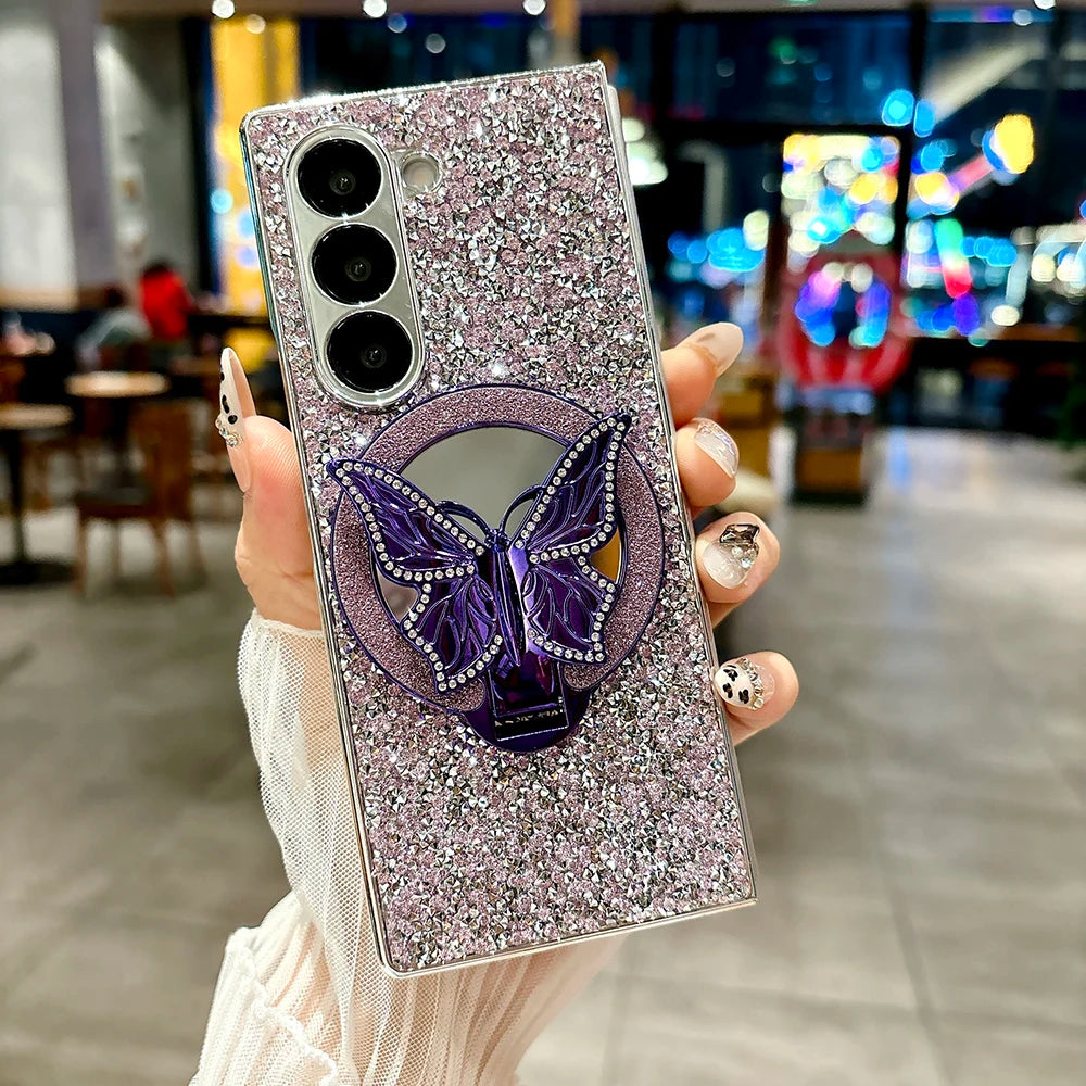 Luxury Hard PC Electroplated Frame Phone Cover for Samsung Galaxy Z Fold 7 6 5 4 8 Ultra Case with Butterfly Bracket