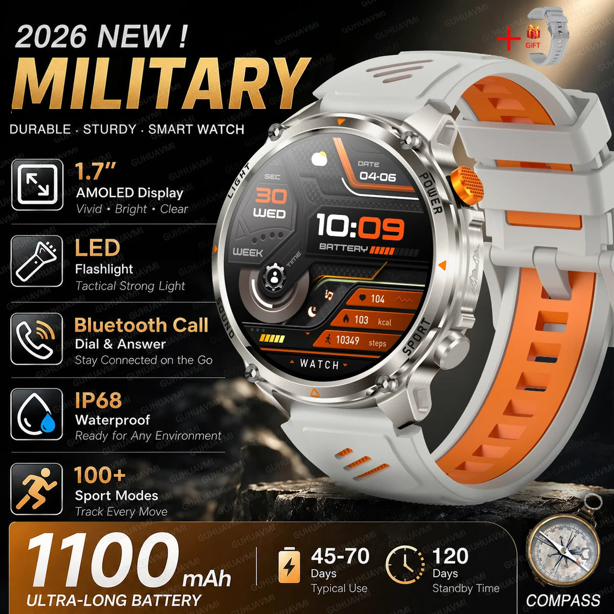 New Men Outdoor Military 1100mAh Large Battery Smart Watch Compass GPS Track IP68 Waterproof LED Flashlight BT Call Smartwatch