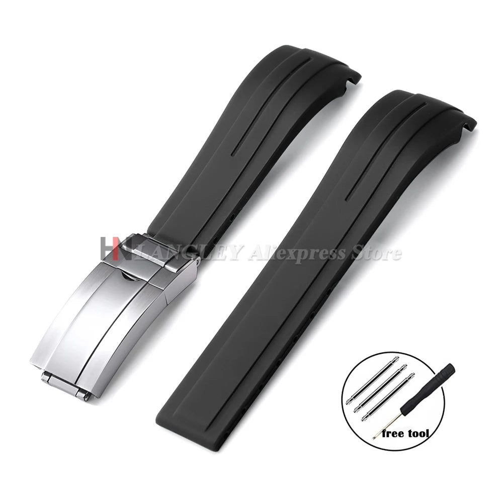 Curved Rubber Watch Bracelet 20mm 21mm 22mm for Rolex Green Water Ghost for Oysterflex Waterproof Silicone Folding Buckle Straps