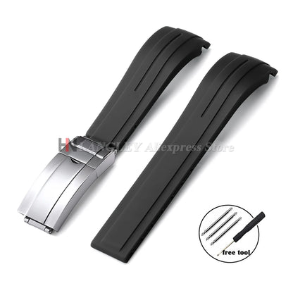 Curved Rubber Watch Bracelet 20mm 21mm 22mm for Rolex Green Water Ghost for Oysterflex Waterproof Silicone Folding Buckle Straps