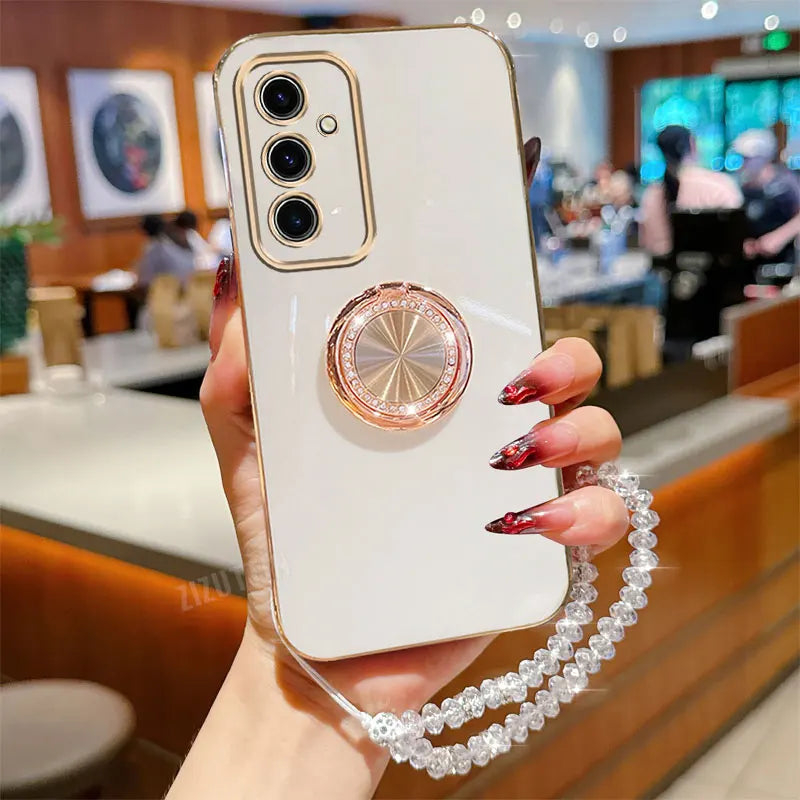 Crystal Strap Lanyard Luxury Circle Phone Holder Case For Samsung Galaxy S24 S20 S21 S22 S23 S25 FE Note 10 20 Plus + Ultra Back