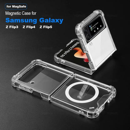 Magnetic Transparent Hard PC Phone Case For Samsung Galaxy W25 W24 W23 Z Flip 8 7 FE 6 5 4 3 5G Magsafe ShockProof Cover