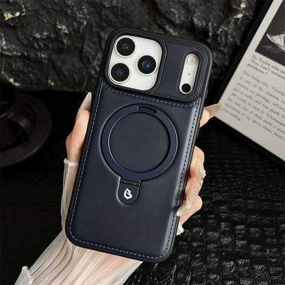 Luxury Magnetic Stand Ring PU Leather Case For iPhone 17 Air 16 Pro Max 15 14 13 12 Magsafe Wireless Charging Hollow Logo Cover