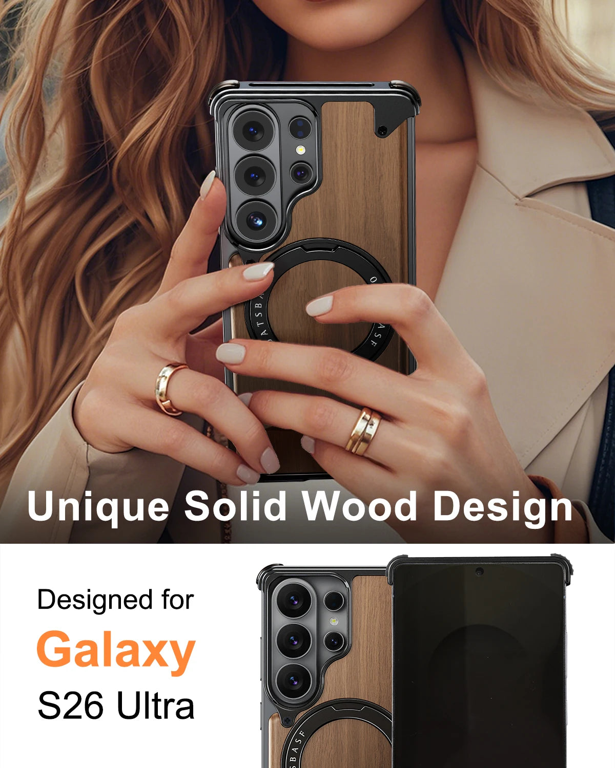 Eary for Samsung Galaxy S26 Ultra Wooden Case With 360°Rotating Magnetic Stand Frameless Unique Wood Phone Cover Drop Protection