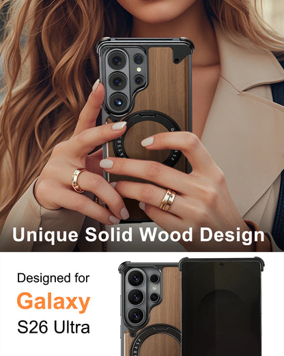 Eary for Samsung Galaxy S26 Ultra Wooden Case With 360°Rotating Magnetic Stand Frameless Unique Wood Phone Cover Drop Protection