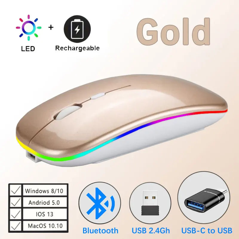 Wireless Rechargeable Mouse With LED Backlight  Bluetooth With Type-C Adapter Gaming Mouse Suitable For MAC/Laptop/PC/Windows