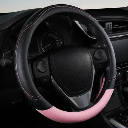 1PC New PU Leather Splicing Leather Anti-slip Wear Four Seasons Universal Steering Wheel Cover Black Pink