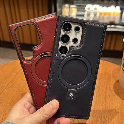 Business Retro Leather Holder Magnetic Case For Samsung Galaxy S25 S24 Ultra S23 S22 Plus Wireless Shockproof Cover For Magsafe