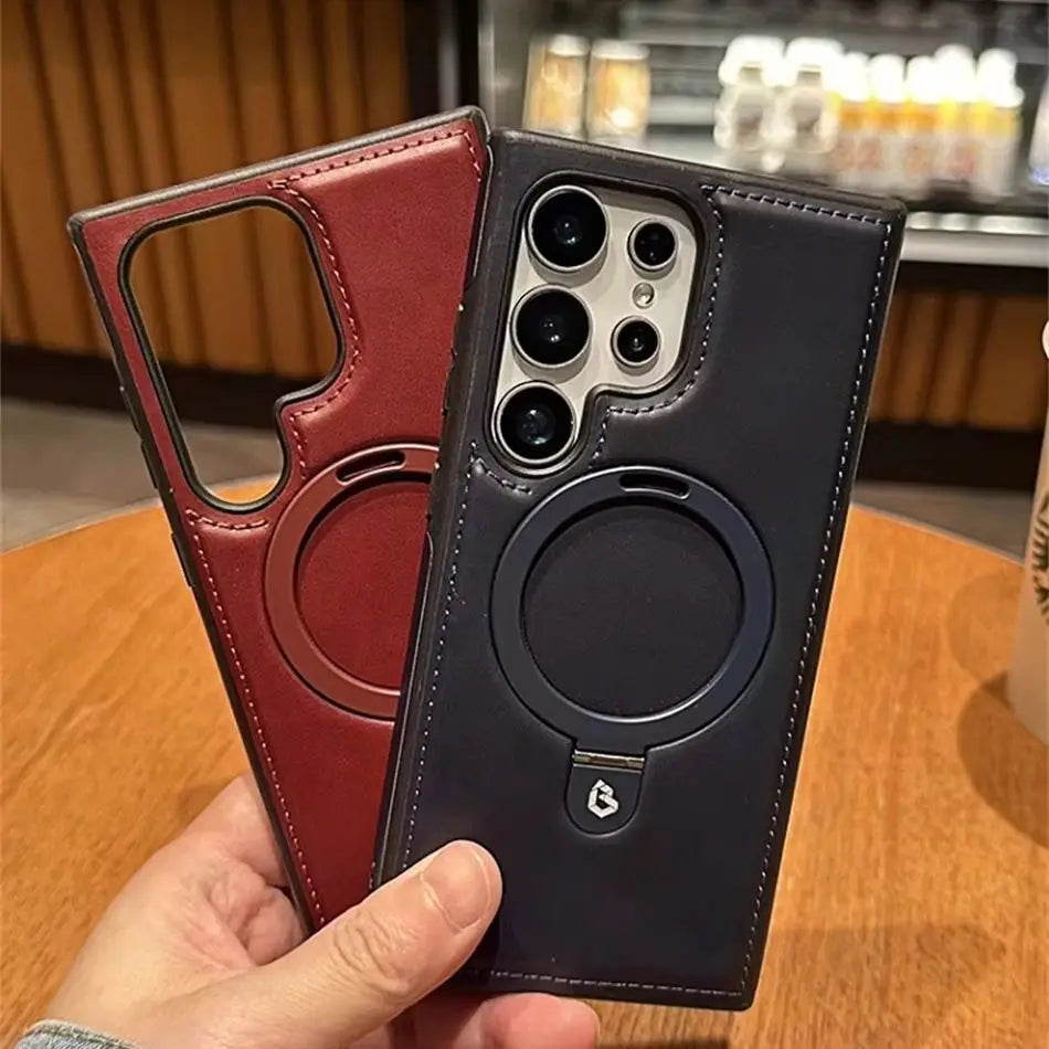 Business Retro Leather Holder Magnetic Case For Samsung Galaxy S25 S24 Ultra S23 S22 Plus Wireless Shockproof Cover For Magsafe