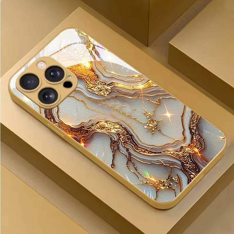 Gilded White Patterned Marble Tempered Glass Phone Case For iPhone 17 Pro Max 14 15 16 Plus 13 12 11 Pro Max 16E 17 Air Cover