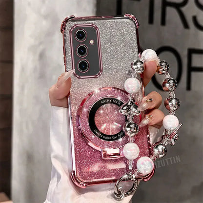 Pearl Strap Lanyard Glitter Lucky Ring Phone Holder Case For Samsung Galaxy S24 S20 S21 S22 S23 S25 FE Note 10 20 Plus + Ultra