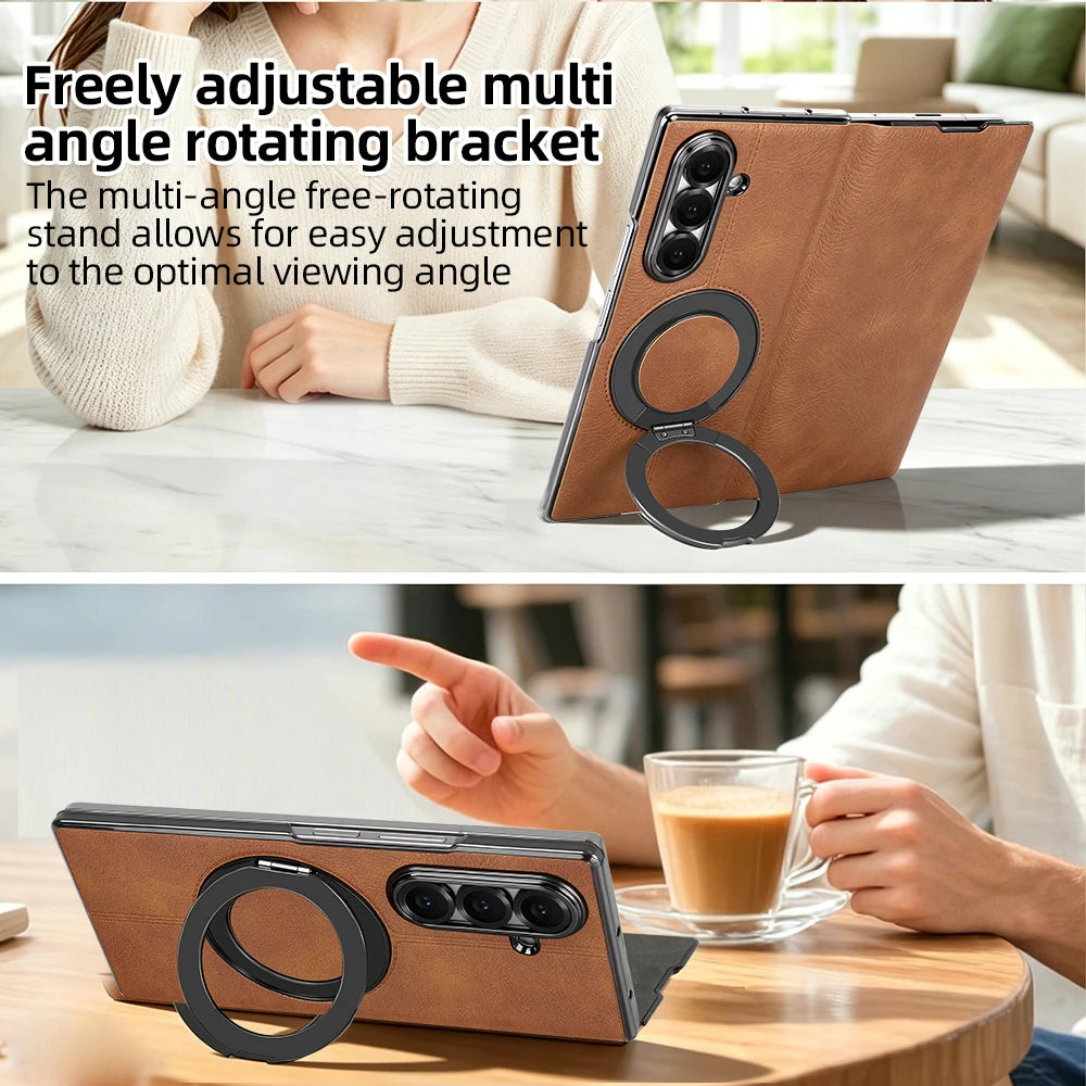 Magnetic Plain PU Leather Flip Phone Case With 360° Rotatable Ring Kickstand Holder for Samsung For Galaxy Z Fold 8 Ultra 7/6