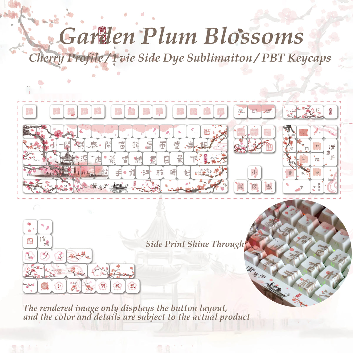 Kanagawa Themed Top/Side Printed RGB Backlit Keycaps 125 Keys Dye Sub PBT Keycaps Cherry Profile for Cherry MX Swtches Keyboard