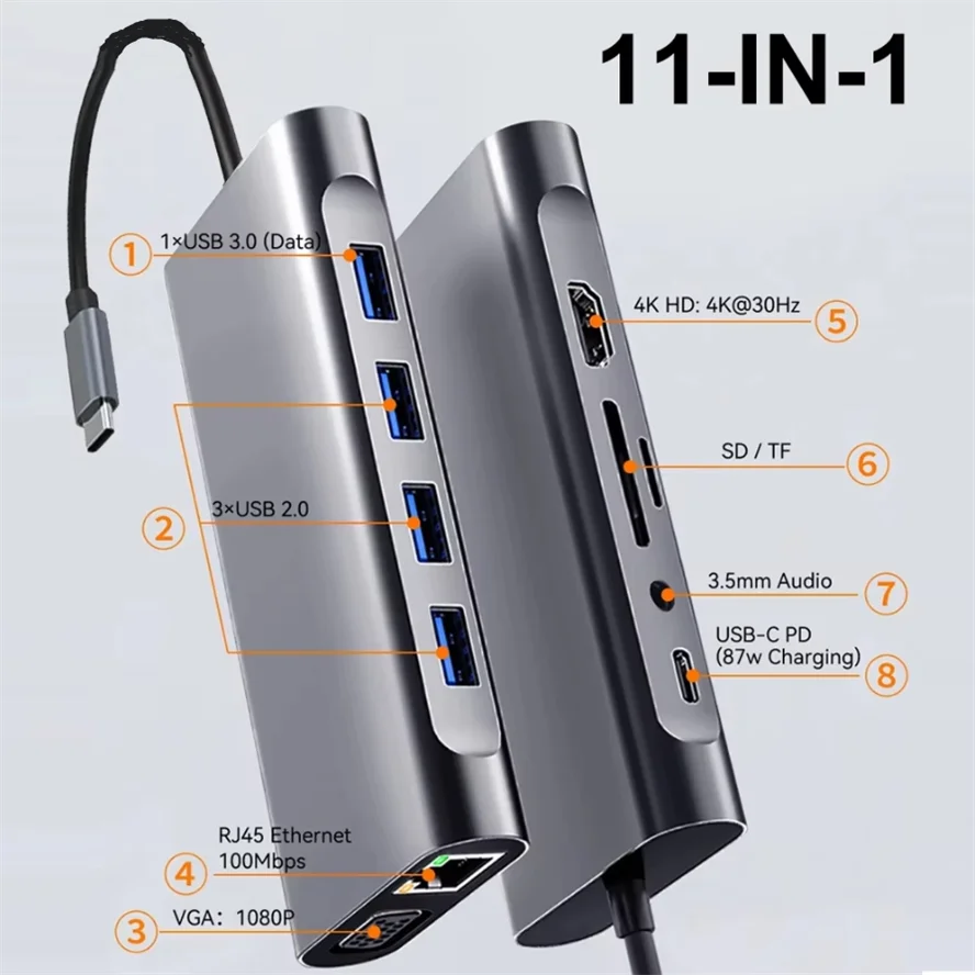 11-in-1 Type C Docking Stations USB-C HUB USB Type C to 4K HDMI-compatible USB 3.0 5Gbps USB Splitter Adapter For Laptop Macbook