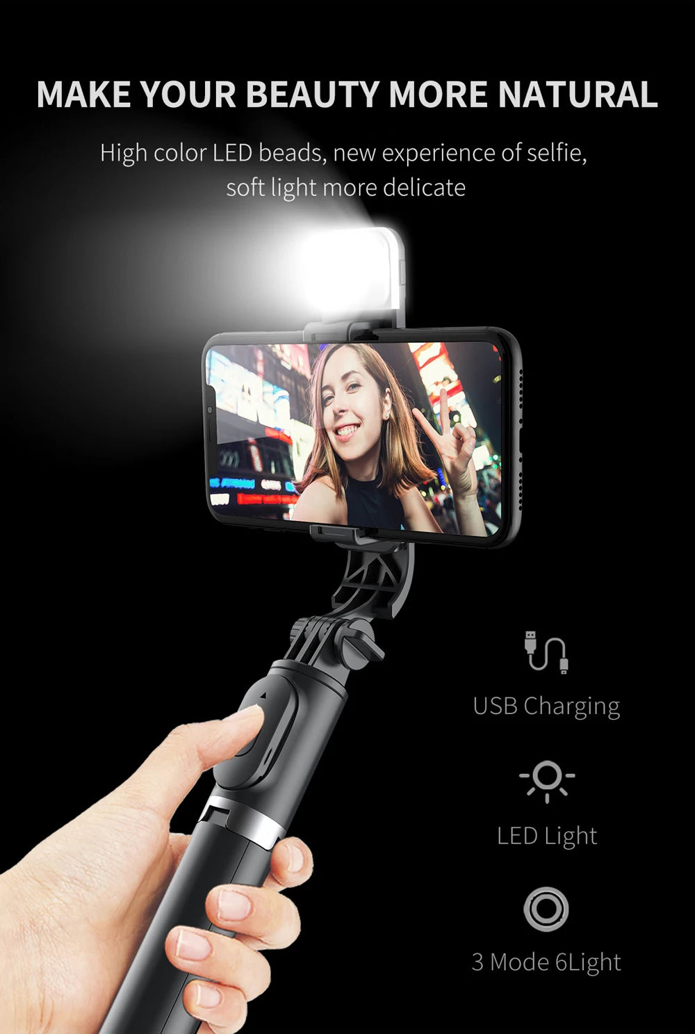 New Wireless Bluetooth Selfie Stick Tripod with Remote Extendable Tripod with LED Light Detachable for iPhone Android Smartphone