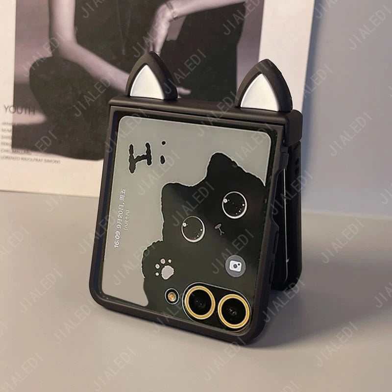 Cute Cat Ears Hinge Phone Case For Samsung Galaxy Z Flip 8 7 6 5 4 3 flip6 zflip7 ZFlip 8 Cover