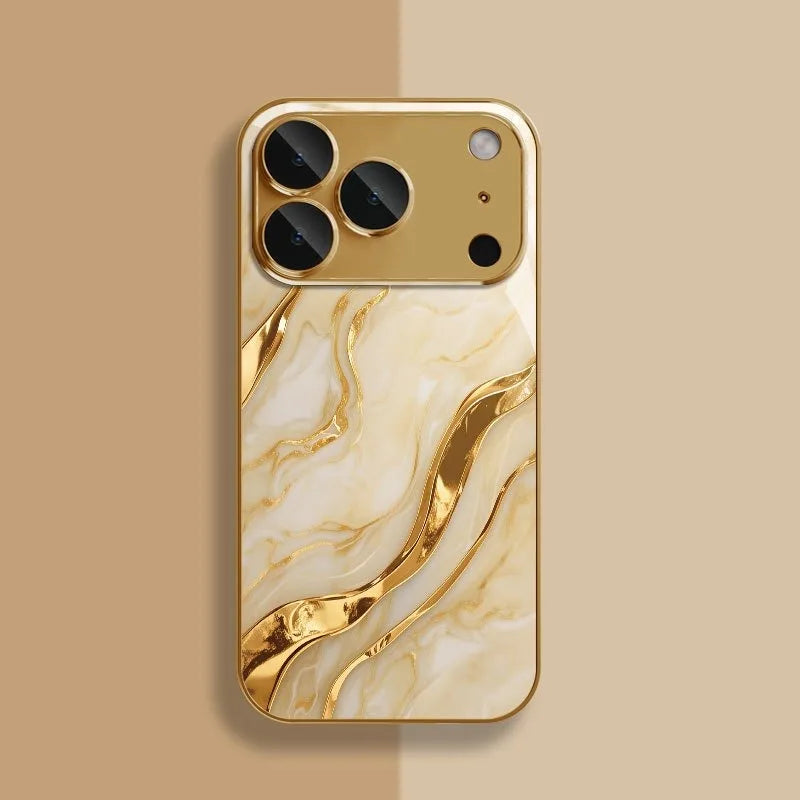 Golden Marble Waves Gold Metallic Paint Tempered Glass Phone Case For iPhone 17 Pro Max 11 12 13 14 15 16 Plus 17 Air 16E Cover