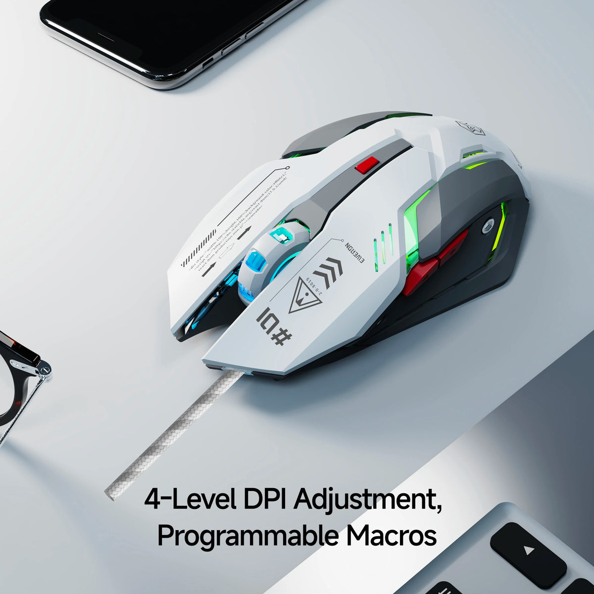 EWEADN G10 Silent Wired Gaming Mouse, Macro Programmable, Ergonomic, for Gaming & Office, Desktop/Laptop/Tablet, Quiet Operation