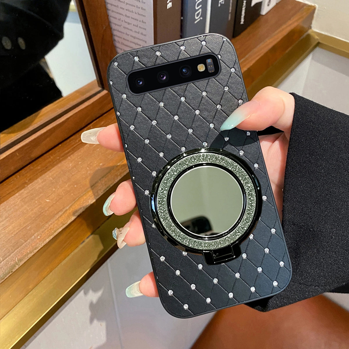 Rhombus Grid Leather Phone Case Makeup Mirror Magnetic Ring for Samsung Galaxy S10 Galaxy S10 5G Galaxy S10+ Galaxy S10 Lite