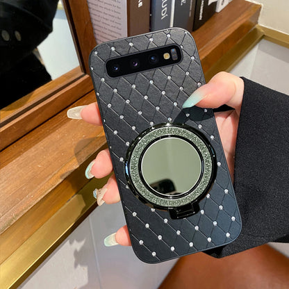 Rhombus Grid Leather Phone Case Makeup Mirror Magnetic Ring for Samsung Galaxy S10 Galaxy S10 5G Galaxy S10+ Galaxy S10 Lite