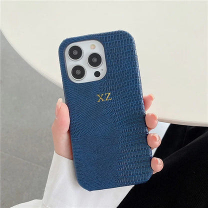 Personalise Gold Initials Letters Leather Cases For iPhone 17 Pro Max 16 Pro 15 14 13 Pro Max Luxury Lizard PU Hard Cover
