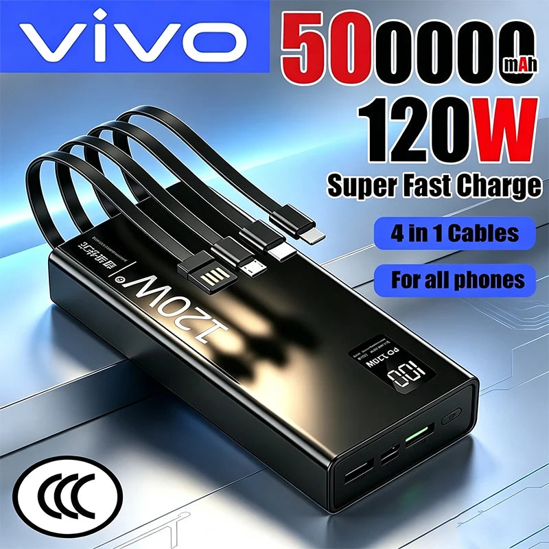 VIVO 4 in 1 Power Bank 120W 500000mAh High Capacity With Cables Super Fast Charging Portable Charger For iPhone Samsung 2026