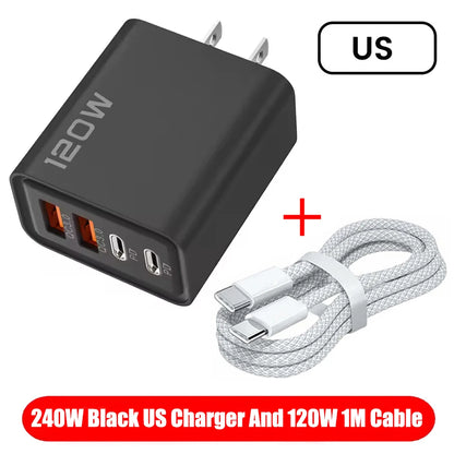 120W 4 Ports USB Charger Fast Charge Phone Charger Adapter Type C Cable For iPhone Samsung Xiaomi EU/US/UK Plug Wall Charger