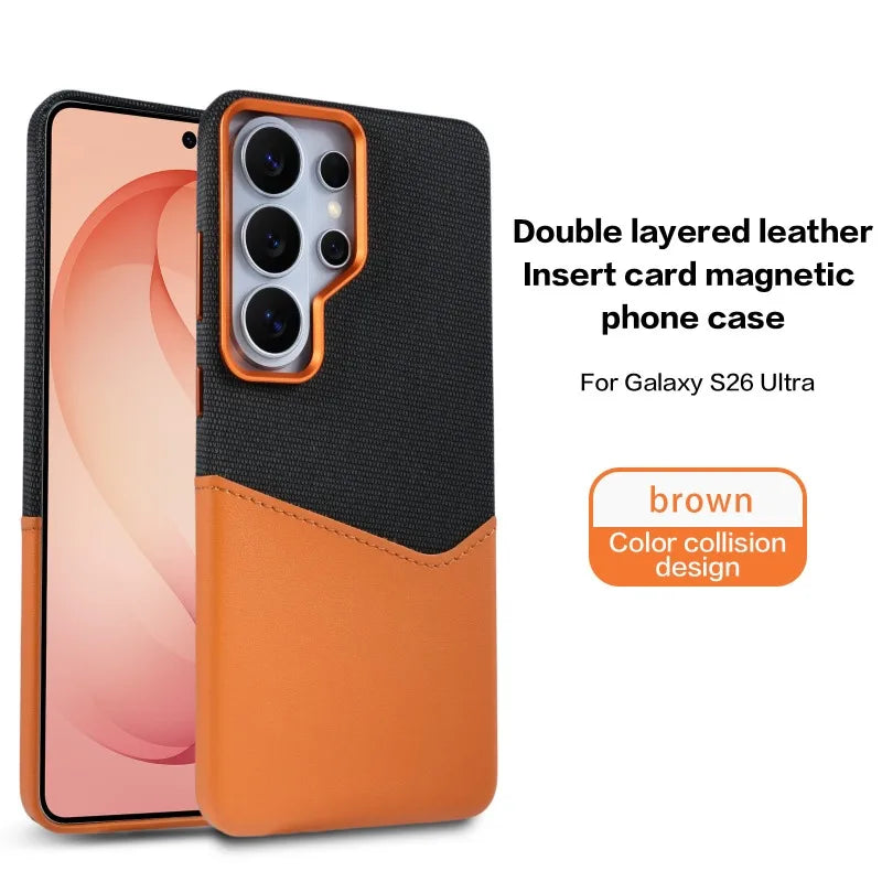 Card Slot Holder Linen Leather MagSafe Phone Case For Samsung S26Ultra S25Ultra S24U Magnetic Wireless Charging Shockproof Cover