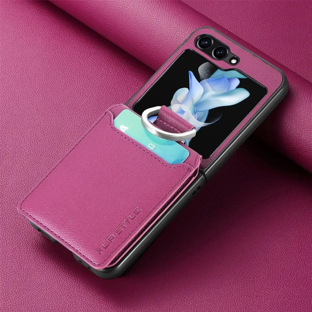 PU Leather for Samsung Z Flip 8 7 6 5 4 3 Flip6 Flip5 Flip4 Flip3 Flip7 Litchi Pattern Cover Ring Card Holder Wallet Phone Case