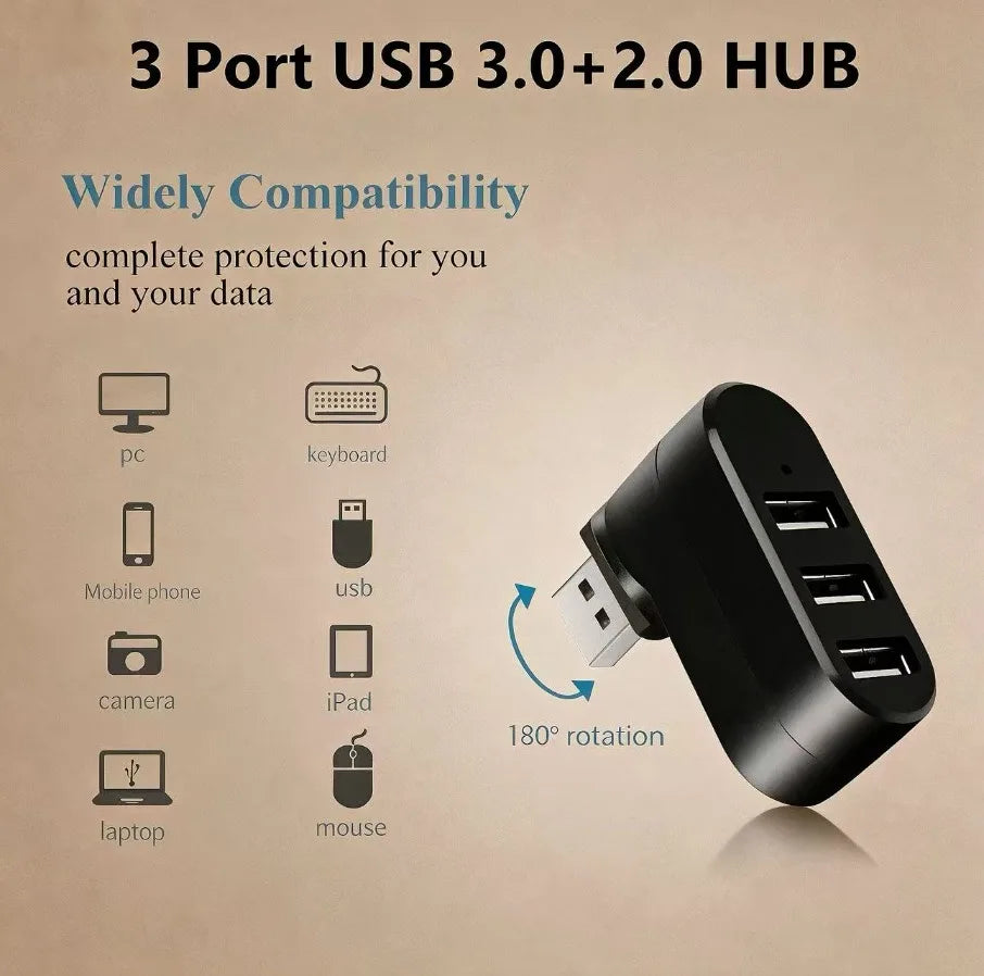 3 Port USB 3.0 Hub 180° Rotatable USB Splitter USB Extender for Laptop Car iMac MacBook Air MacBook Pro Other Electronic Devices