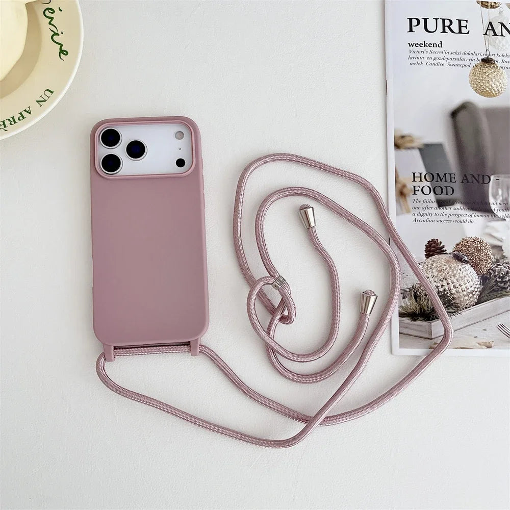 Crossbody Lanyard Cord Liquid Silicone Soft Phone Case for Apple IPhone 17 Air 16 15 14 Plus 13 Pro Max Matte Strap Candy Cover