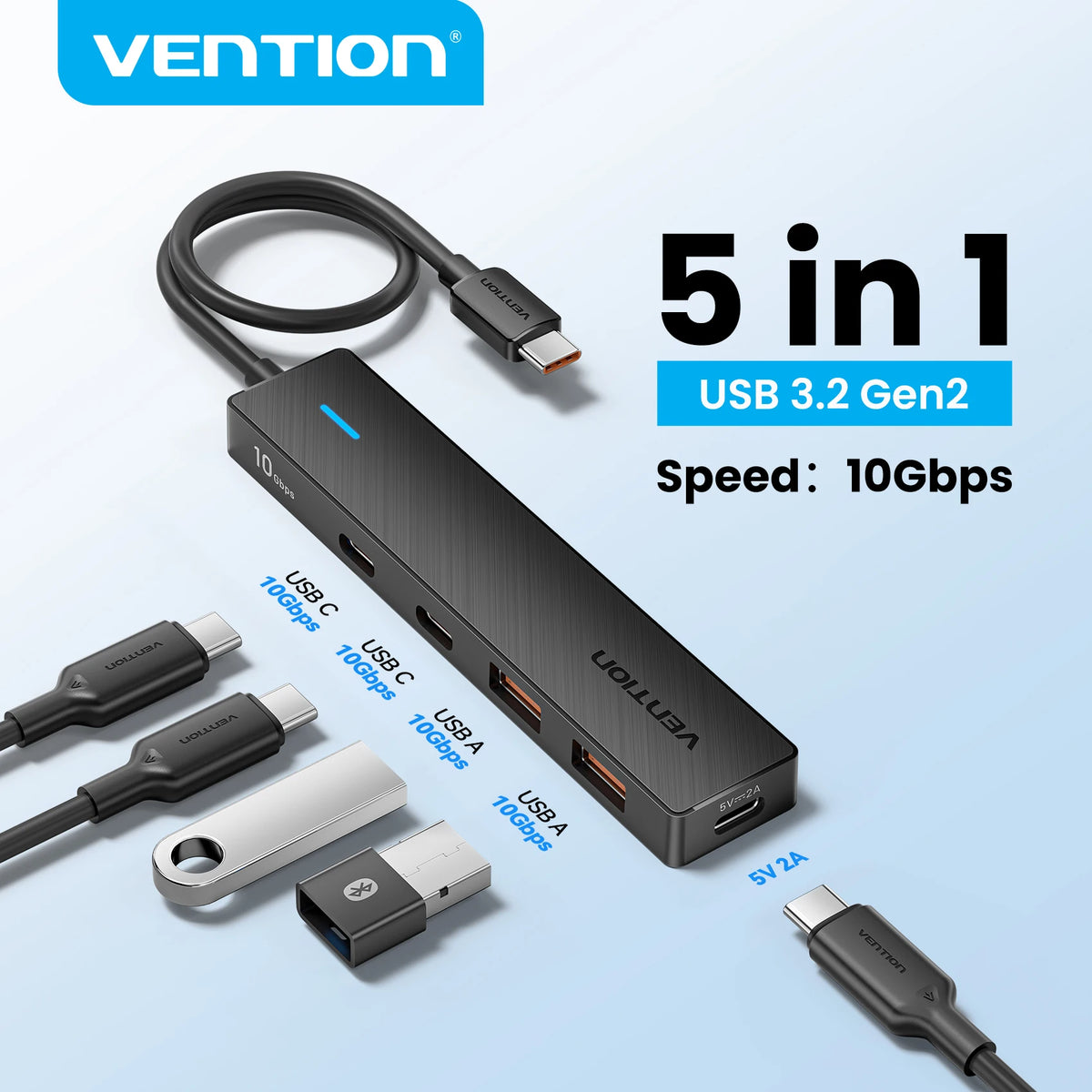 Vention 5 in 1 USB 3.2 HUB 10Gbps Splitter Expansion USB A Type C HUB Multiport Adapter for MacBook iPad Xiaomi Samsung Laptop