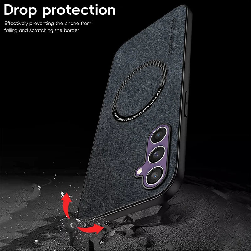 Luxury Leather For Magsafe Magnetic Wireless Charging Phone Case For Samsung Galaxy S26 S25 S24 S23 S22 Ultra Plus Back Cover