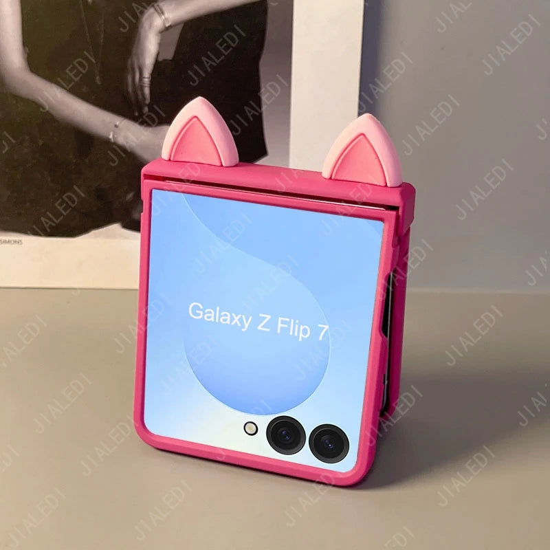 Cute Cat Ears Hinge Phone Case For Samsung Galaxy Z Flip 8 7 6 5 4 3 flip6 zflip7 ZFlip 8 Cover
