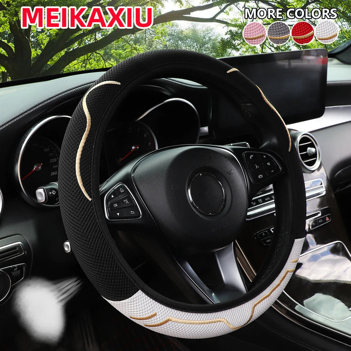 Universal Fit Cute Ice Silk Cat Ears Steering Wheel Cover 15-Inch Ventilated Design No Inner Ring Car Interior Accessory