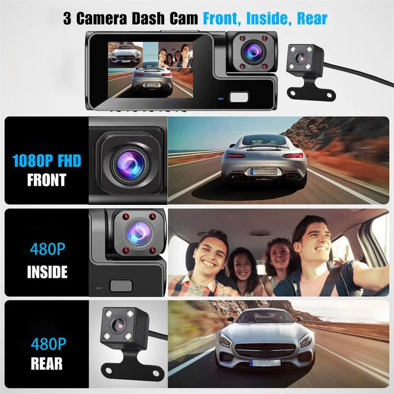 Deusvan 3 Cameras Dash Cam For Cars 1080P Car Camera Video Recorder Front inside Rear View Camera Car DVR Black Box Car Assecories