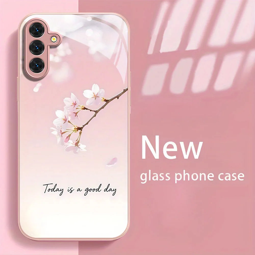 Case For Samsung Galaxy S26 Ultra S 26 S24 S25 Ultra S20 FE S21 FE S22 S23 Plus Case Pink Plum Flowers Tempered Glass Back Cover