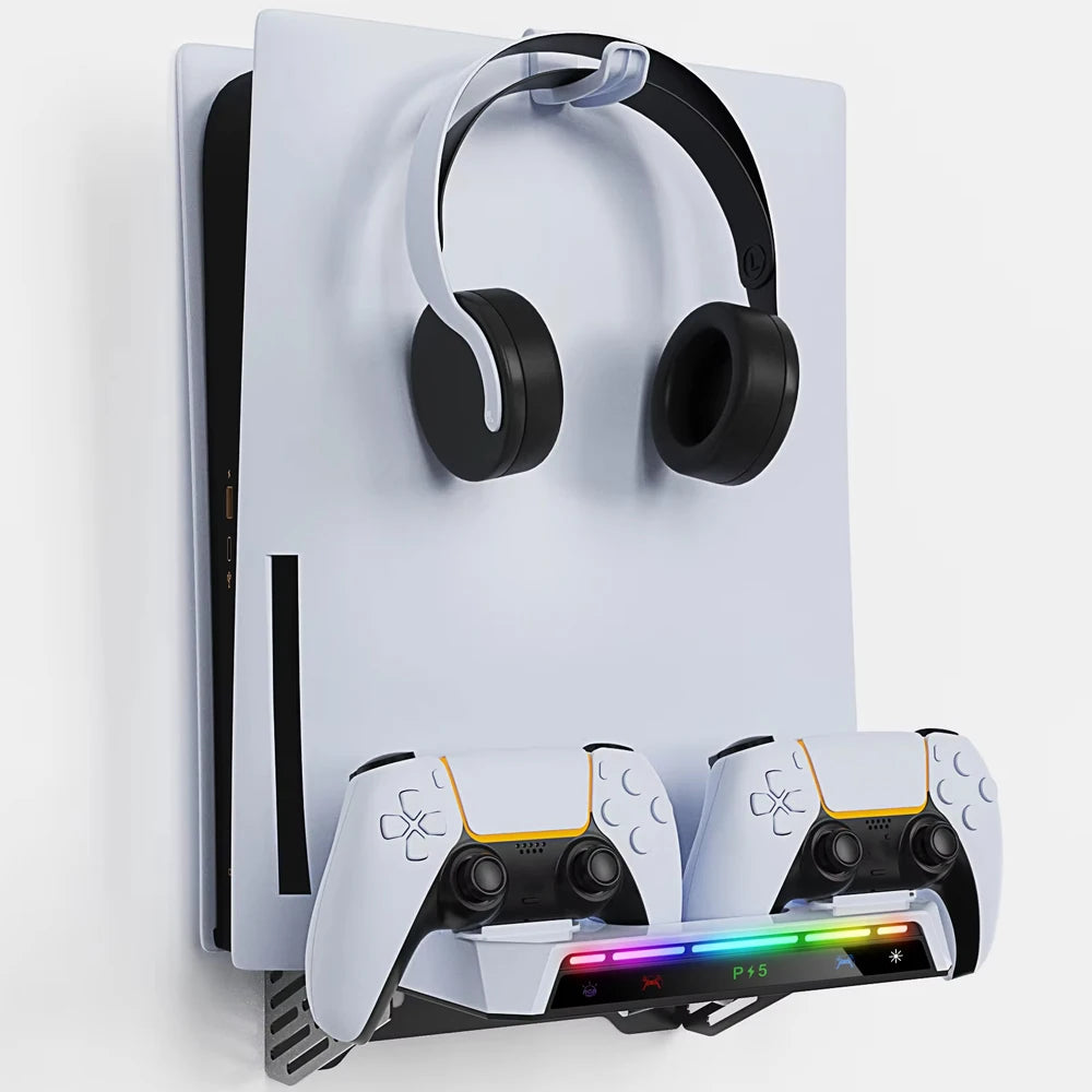 Wall Mount Kit For PS5/ Pro/ Slim Console with RGB Light Charging Station Headset Hanger For PS5 Dual Controller Accessories