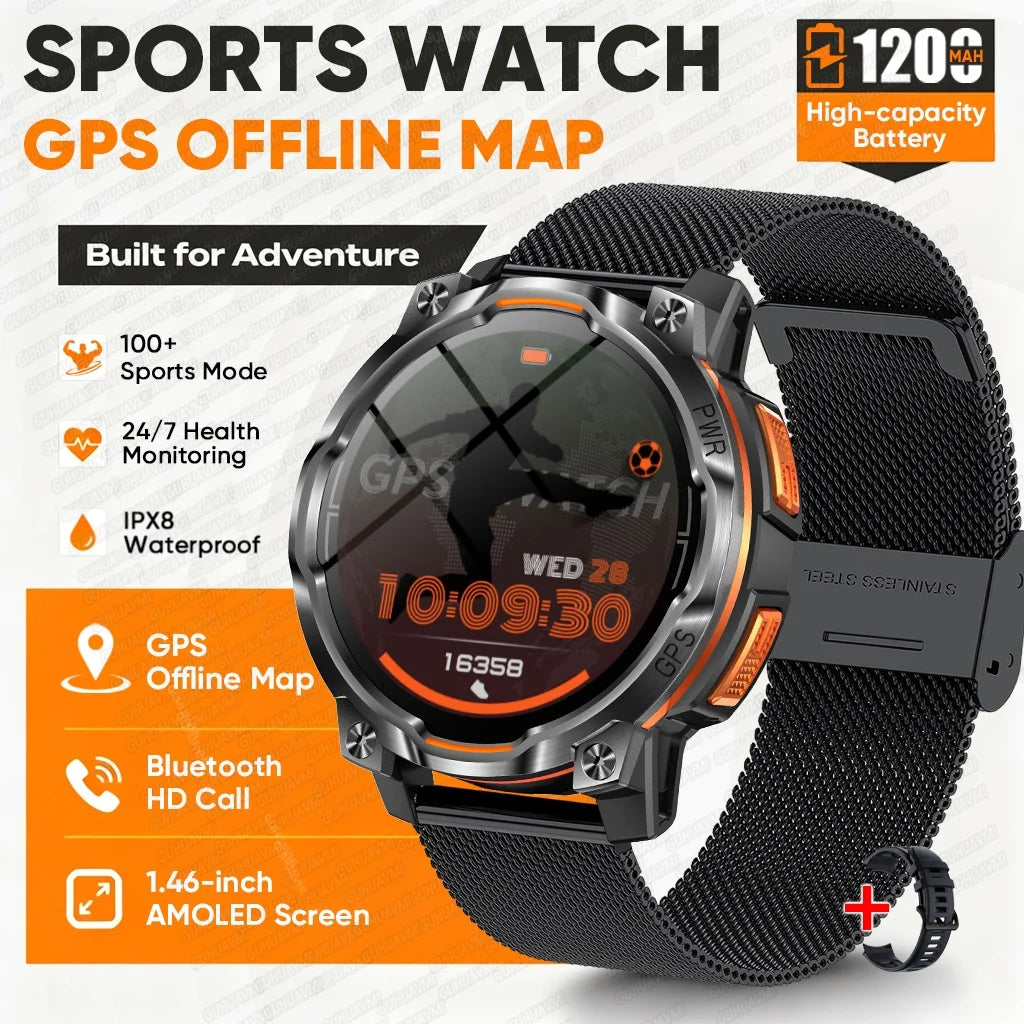 1200mAh Massive Power Outdoor GPS Smart Watch Offline Map 1.43“ HD Screen IPX8 Waterproof Compass Military 107+Sports Watch Men