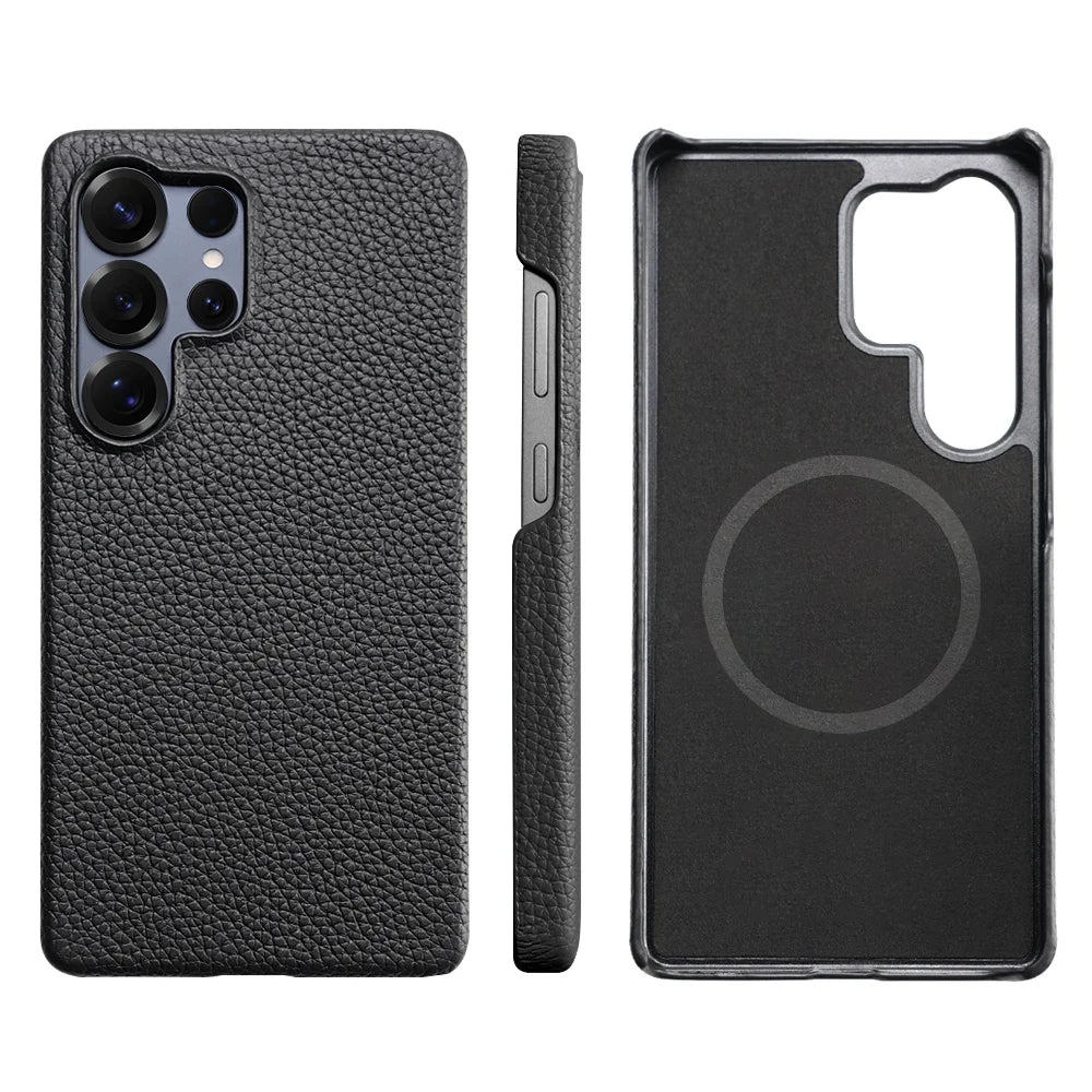 for Magsafe Case for Samsung Galaxy S26 S25 Ultra S24 Plus Natural Cowhide Lychee Leather Magnetic Protector Luxury Phone Cover
