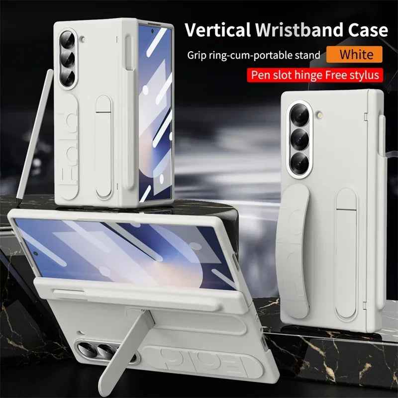 Modern Wrist Band Holder Hinge Case For Samsung Z Fold 7 6 5 4 3 Wrist Band Holder Pen Slot S Pen & Screen Protector Film Cover