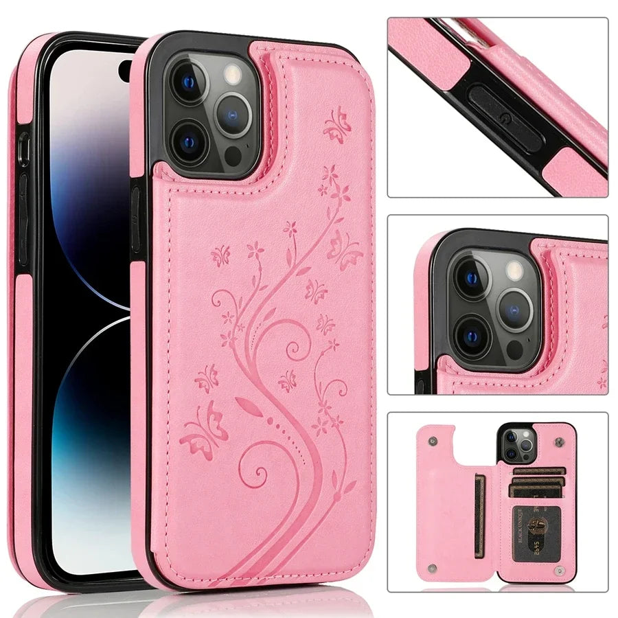 Wallet Butterfly Embossing Slot Magnetic Flip Leather Case For iPhone 16e 16 Pro Max 15 14 13 12 11 SE 2 X XR XS 8 7 Plus Cover